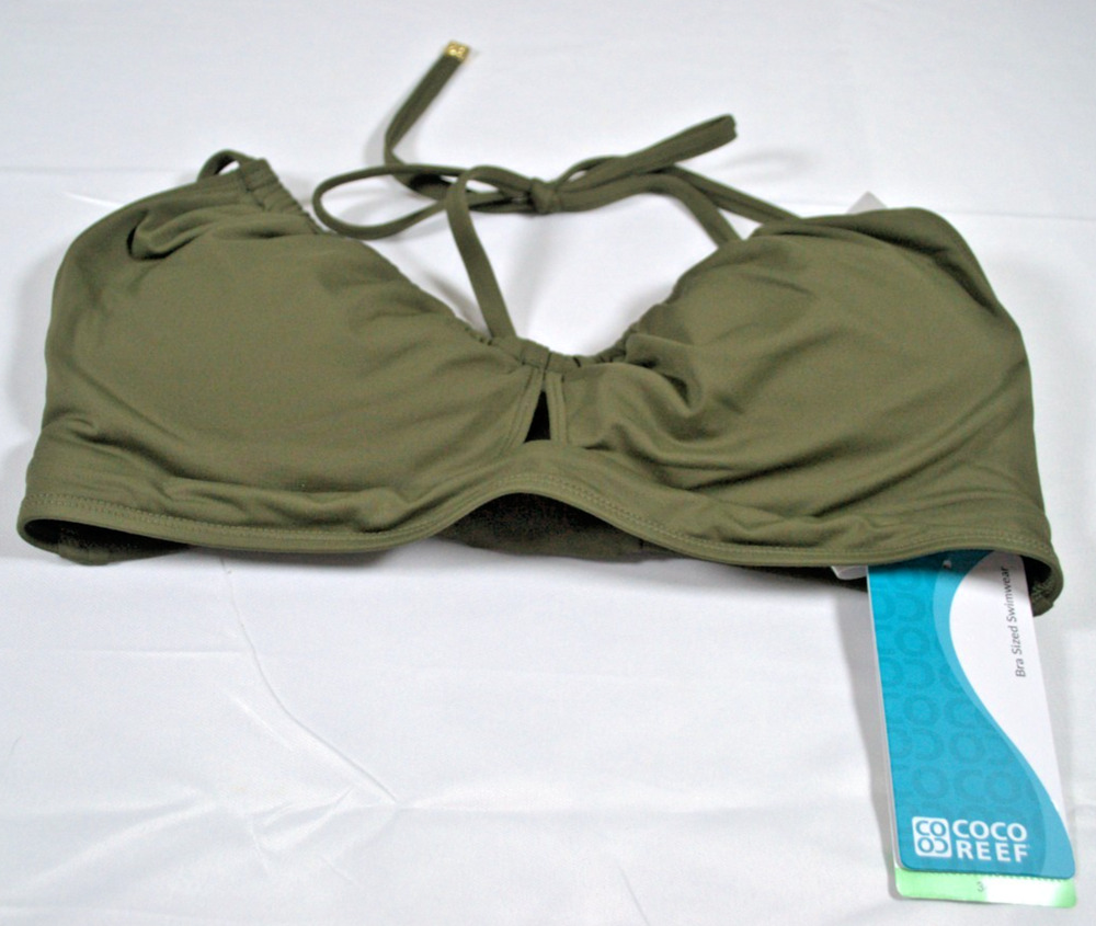 Coco Reef Bra Sized Bikini Top 36C Olive Green Underwire Halter Swimwear NWT